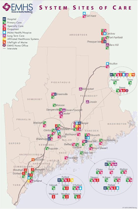 EMHS Maine s Only Statewide System 9 hospitals located across Maine 11,696 employees 724 employed physicians 39 primary care practice locations 5 retail pharmacies 5 air and ground emergency