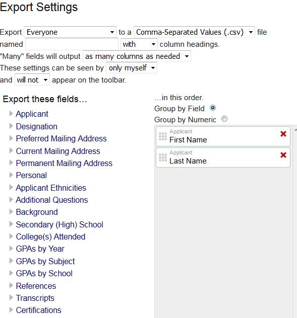 Create export files and reports with the data elements, applicants, and file format that your school needs to compare applicants or import into internal