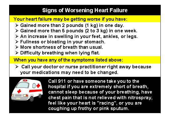 Stoplight Tool Signs of Worsening Heart Failure Your heart failure may be getting worse if you have: )> Gained more than 2 pounds (1 kg) in one day.