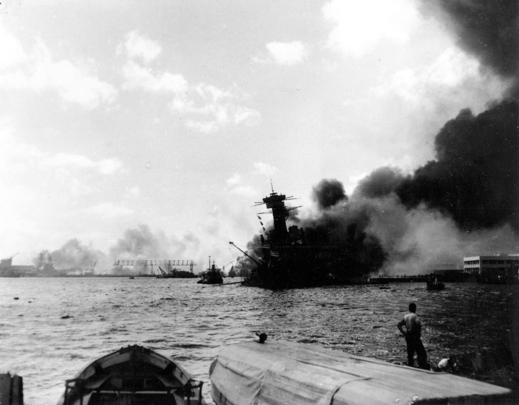 The USS California burns after being hit by a