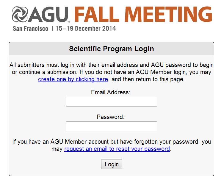 Abstract Submission Log-in Please note that you must be an AGU member to access the abstract submission site. If you need to join AGU or renew your membership, you will be directed to the AGU website.