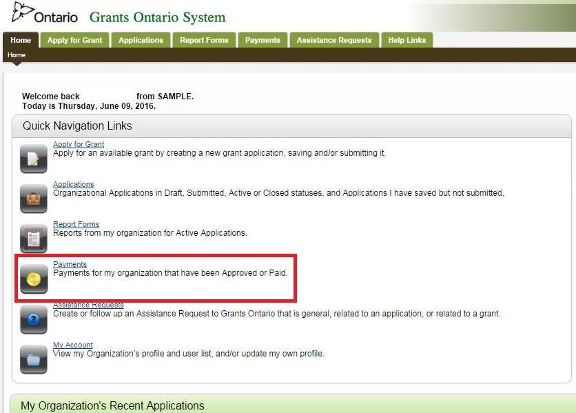 How to See Payments in Grants Ontario You will be able to see the payments you receive from the ministry by logging into Grants Ontario and selecting Payments from the Quick Navigation Links.
