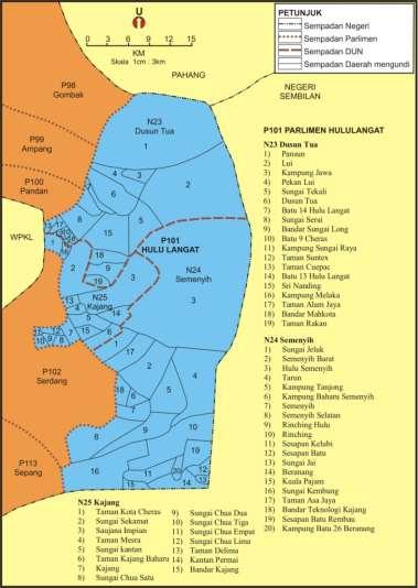 Rajah 1 Peta persempadanan kawasan daerah mengundi (DM) dan dewan undangan negeri (DUN) dalam parlimen Hulu Langat Sumber: Diubahsuai daripada Pelan Warta (PW) Parlimen Hulu Langat (2016) Bagi DUN