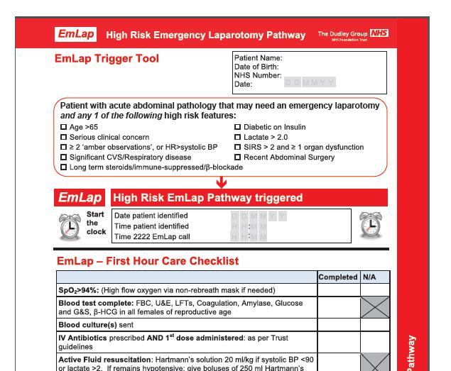 3.4.4 Examples of specific clinical effectiveness initiatives a) Emergency Laparotomy Pathway (EmLap) Patients, who develop severe intra-abdominal problems, can become very ill quickly; for those
