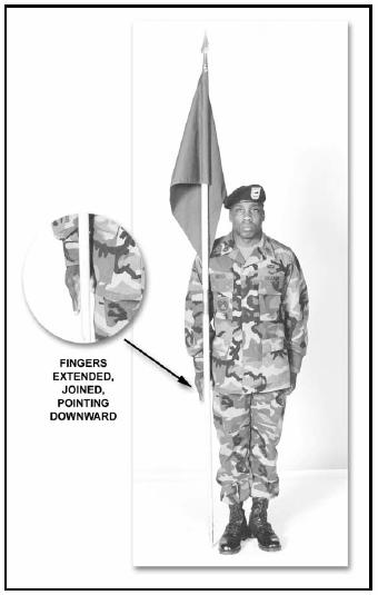 H-2. ORDER GUIDON At Order Guidon (Position of Attention), keep the ferrule on the marching surface and touching the outside of the right foot, opposite the ball of the right foot.