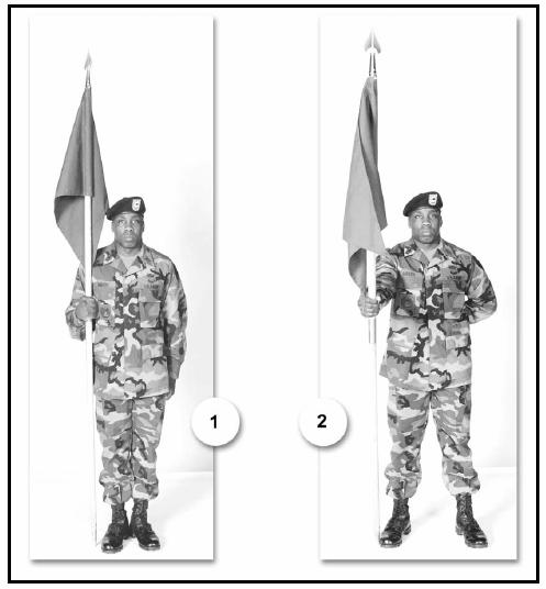 H-3. REST POSITIONS To assume Rest positions, execute the following actions. a. On the preparatory command Parade, slide the right hand up the staff until the forearm is horizontal and grasp the staff (1, Figure H-2).