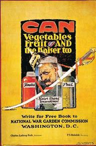 This poster encourages Americans to can fruits and vegetables. The pictures show canned tomatoes and peas in glass jars. The poster also shows the German kaiser in a jar.