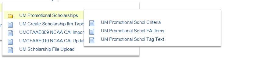 the UM Promotional Schol FA Items folder, and the UM Promotional Schol Tag Text folder. Select the Folder you wish to use.