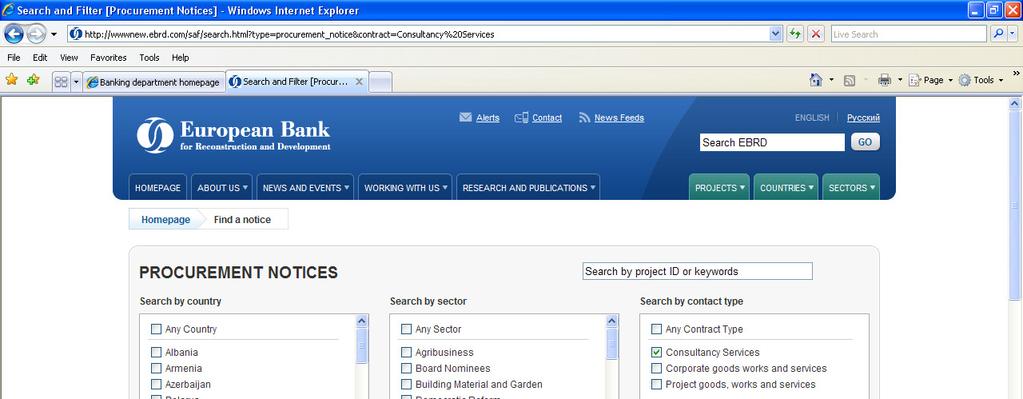 ebrd.com - Procurement Notices Search by sector Search by country Search by contract type - Consultancy Services - Corporate goods