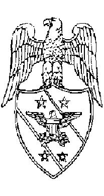 The shield bears a gold-colored eagle between two white five-pointed stars at the top and two blue five-pointed stars at the base.