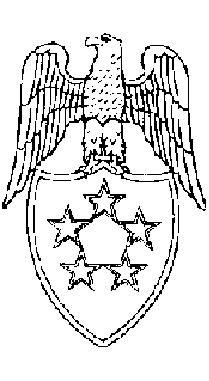 The shield bears a silver, five-pointed star surmounted by the coat of arms of the United States in gold-colored metal, between two white five-pointed stars at the top, and two red five-pointed stars