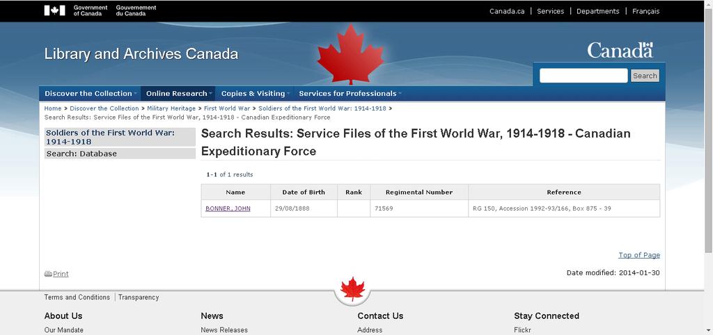 This screen shows that John Bonner has a digitized military service file available for download.