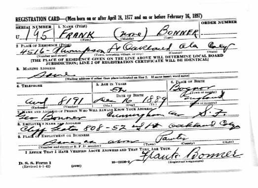 The first item found, WW1 Draft Registration card, for Frank on Ancestry.com looks like this: Facts on this form: 1. Name 2.