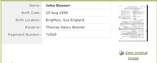 Next, I followed the same procedure for Frank s brother, John Bonner, who joined the Canadian Expeditionary Forces at the onset of WW1. John s attestation record was also found on Ancestry.