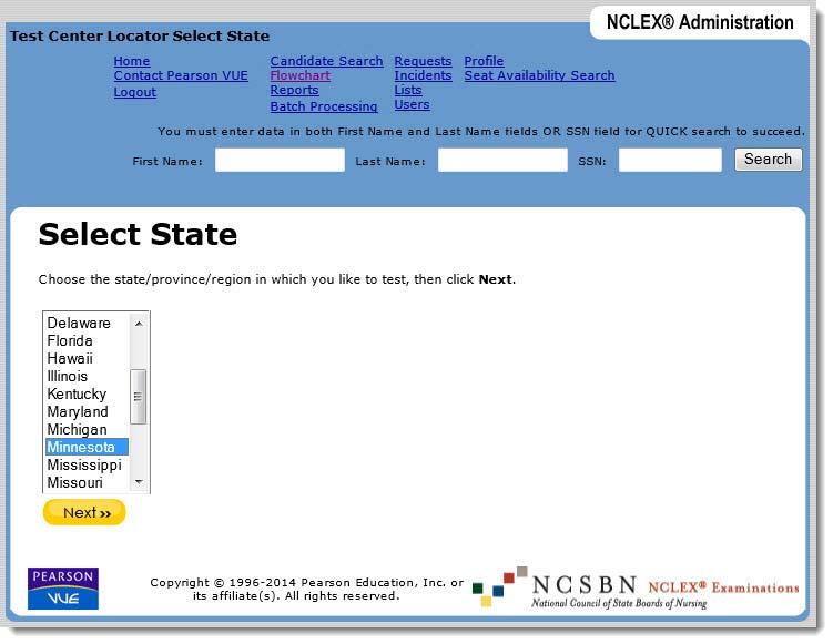 The Select State page appears, prompting you to select the state in which you want to locate a testing center.