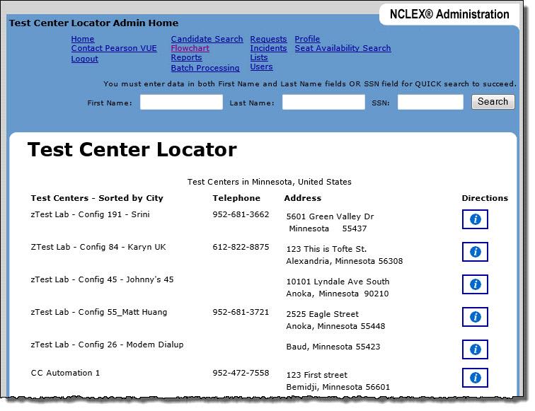 The Testing Center Locator page appears, displaying a list of testing centers in the location you selected, along with their phone numbers and addresses. The list is sorted by city. 5.