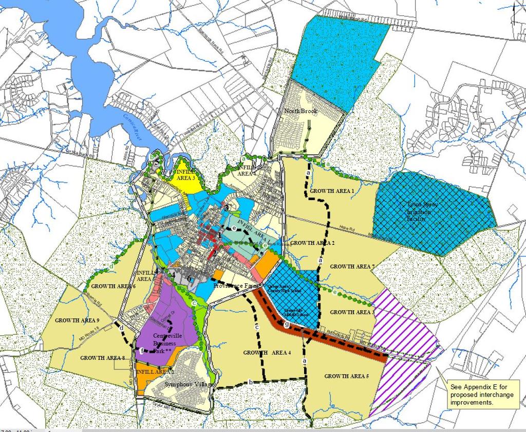 The Centreville Community Plan makes provisions for Growth Areas around Centreville to absorb future development and facilitate annexation into the Town for contiguous development wishing to take