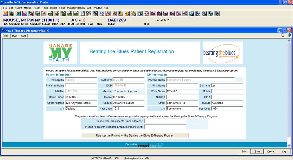 Figure 04 Select Register Patient for Beating the Blues. The registration form will be displayed.