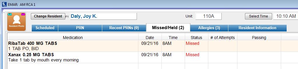 Missed/Held tab. Missed/Held tab: Click on the Missed/Held tab to see all medications that have been Missed (not charted on) or Held during this Med Provider s shift.