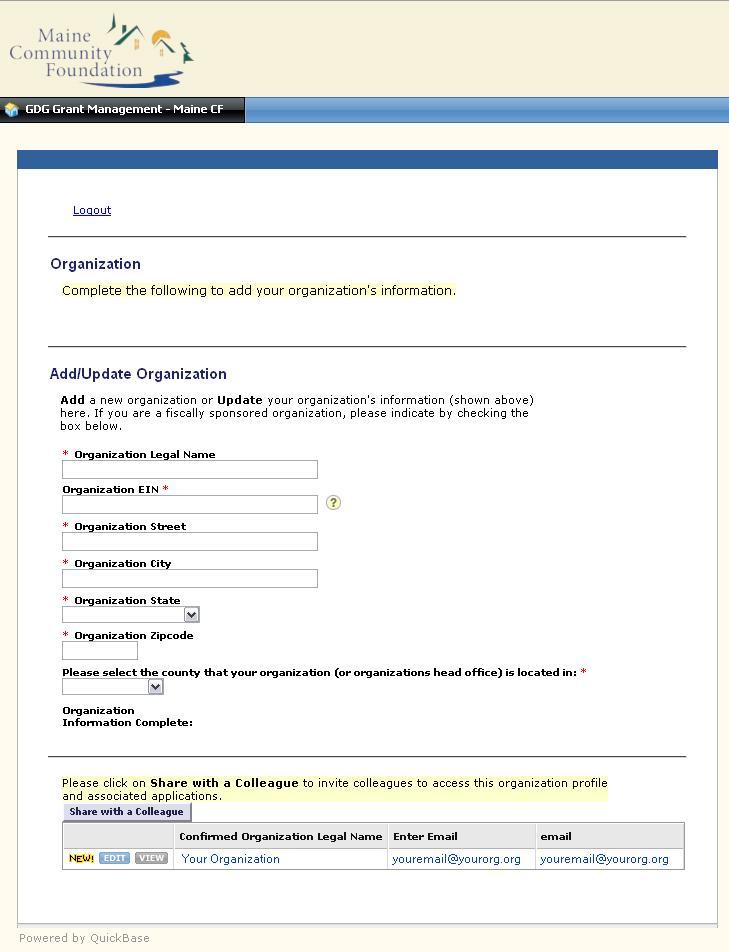 Once you have completed this step, you will be taken to the Add/Update Organization page. Fill out the information.