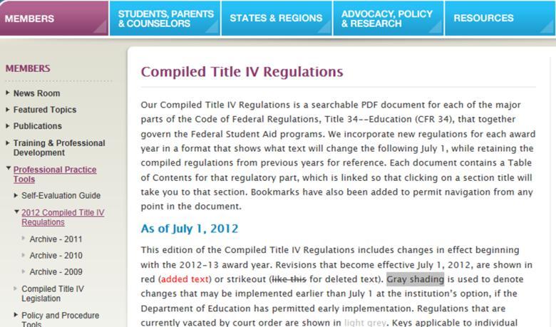 Compiled Title IV Regulations Revisions that became effective July 1, 2012, are shown in: red (added text) or strikeout (like this) for deleted text Keys applicable to individual