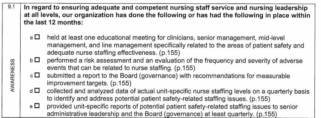 9.1 Awareness to ensure adequate and competent nursing staff service and nursing leadership at all levels 9.1e: Quarterly reports to the Board were not achieved in 2014. Examples of Evidence for 9.