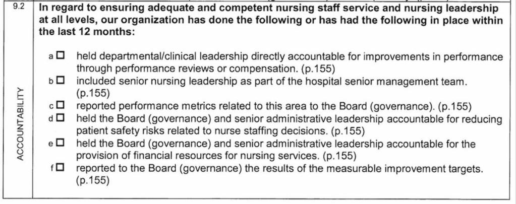 9.2 Accountability to ensure adequate and competent nursing staff service and nursing leadership at all levels Examples of Evidence for 9.2: 1.