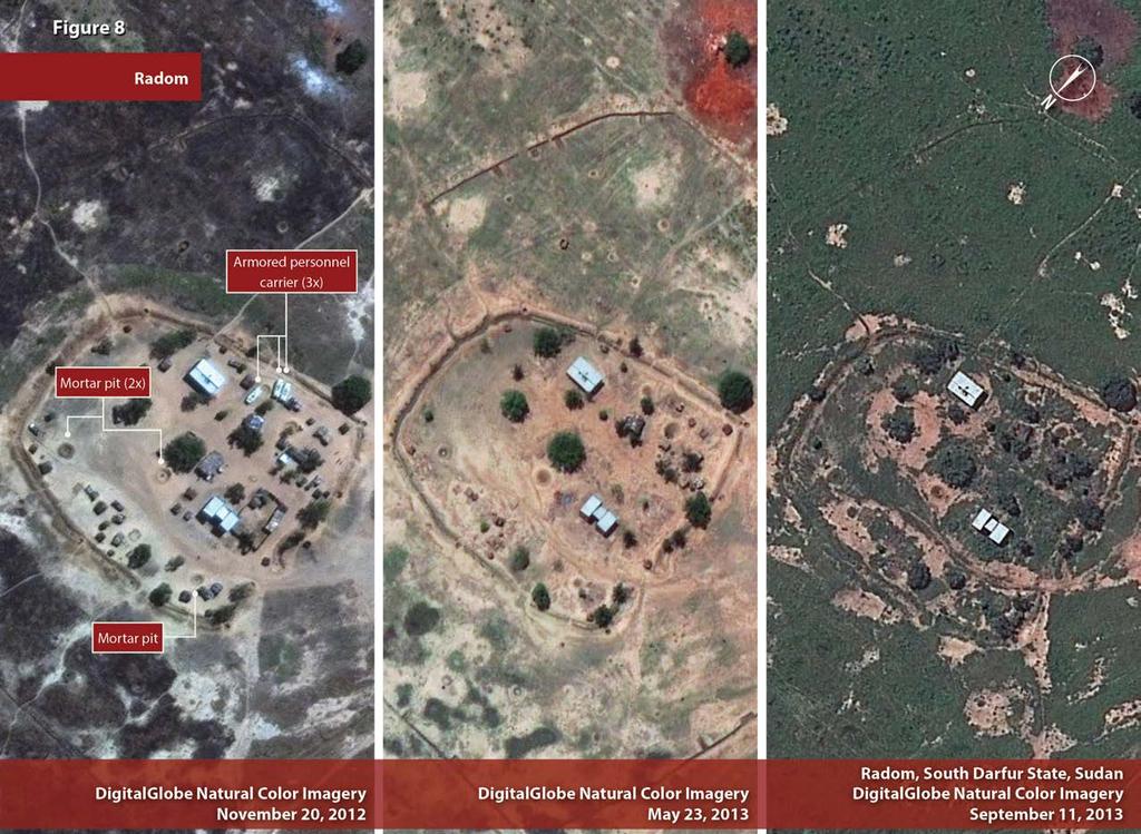Radom May 13, 2013, DigitalGlobe imagery of an SAF outpost in Radom showed permanent buildings and seven tents dispersed around the earthen-bermed perimeter.