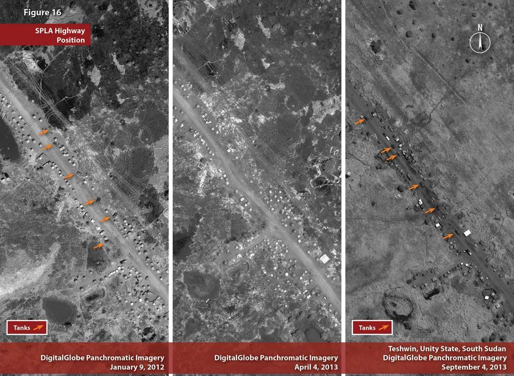Teshwin Area Teshwin SPLA Highway Position A review of DigitalGlobe s archival imagery shows that the SPLA position at Teshwin supported six tanks in January 2013.