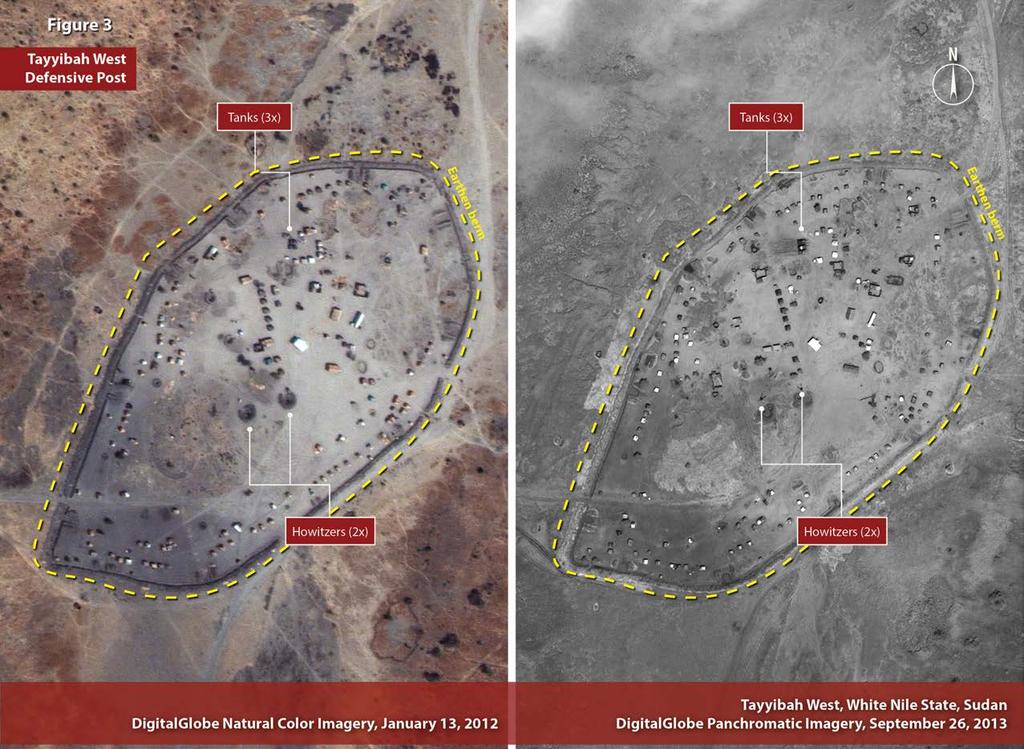 Tayyibah West Defensive Post An earthen-bermed position with vehicle revetments built into the perimeter was 2.5 kilometers west of the border with South Sudan and 8 kilometers north of Al-Kwek.