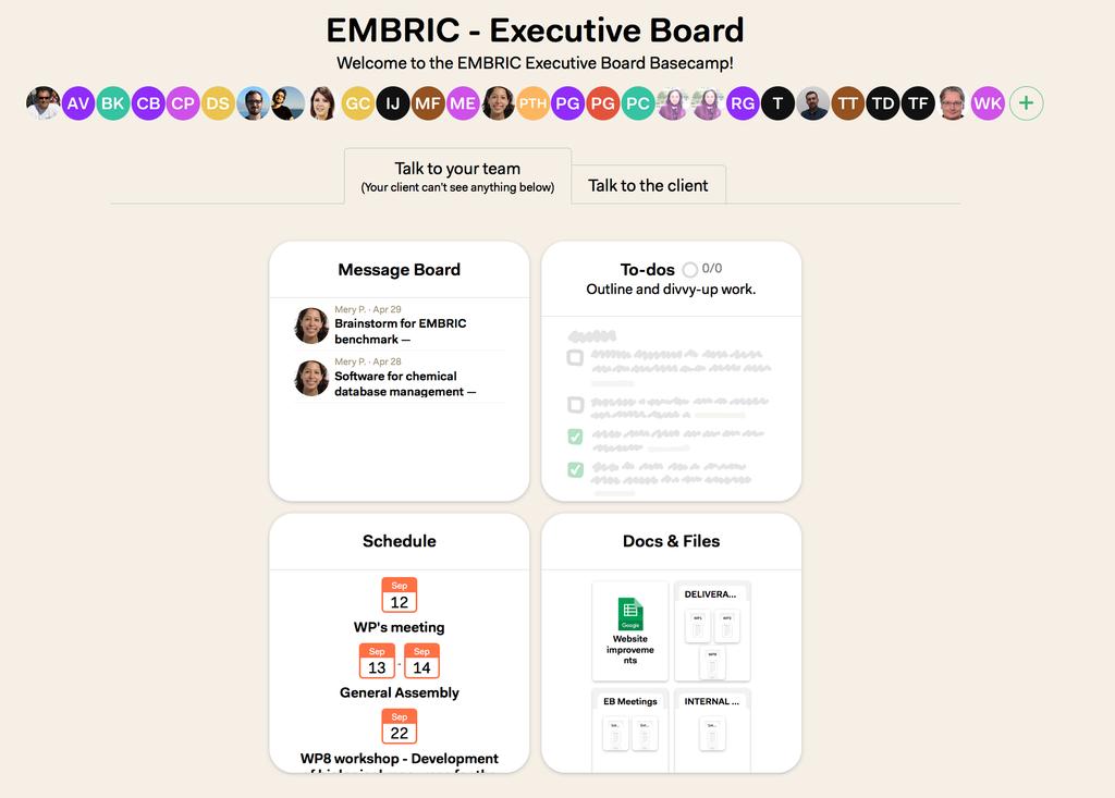 H2020-GRANT NO 654008 EMBRIC EMBRIC s Basecamp has a to-do lists, file sharing, messaging system and a calendar: Ø To-do lists. To allow better organization of huge tasks, we have a to-do list.