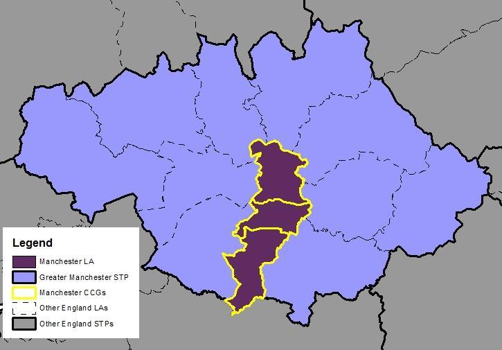 Population of Manchester shaded by proportion aged 65+ and location and