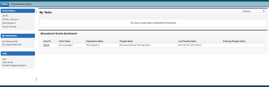 Checking for Grant Application Status. Go to the Home page, and note Grant Status is now Acknowledged.