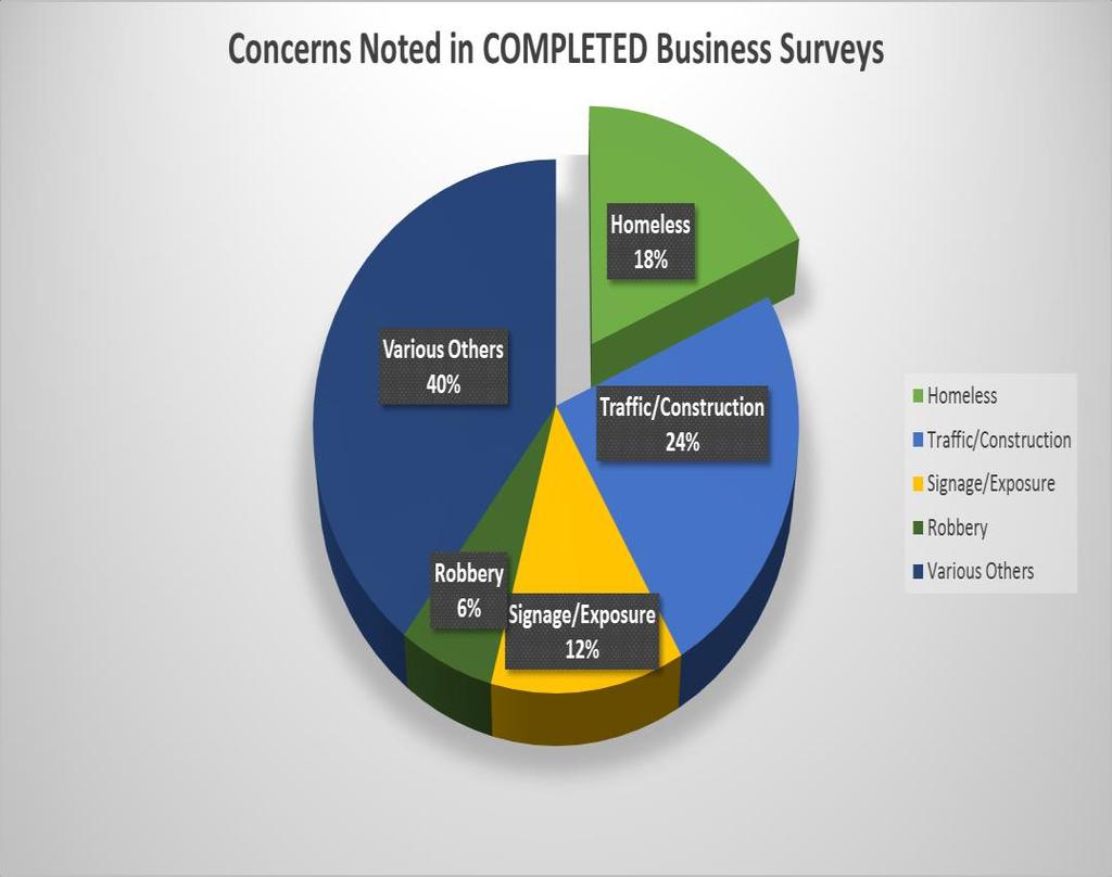 Homeless 18% of responding businesses cited concerns about our homeless population Some