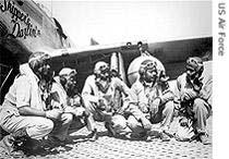 In September, nineteen forty-three, Colonel Davis became commander of the Three Hundred Thirty- Second Fighter Group. The Ninety-Ninth Squadron became a part of that group.