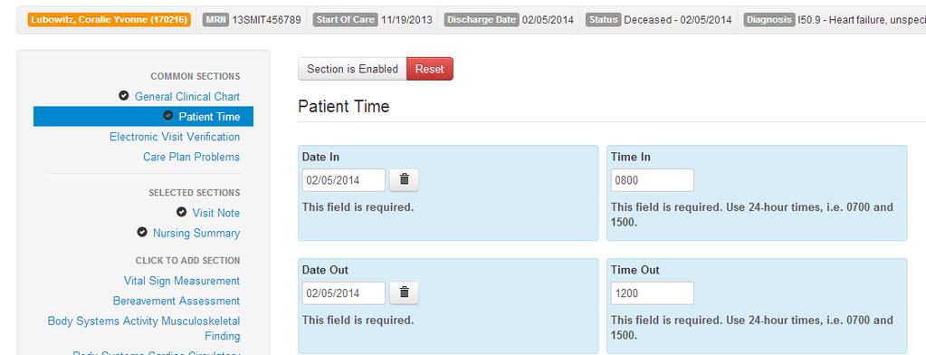 Visit #2 - Enter the secnd visit frm 0800 t 1200 (Visit must be n Date f Death, beginning at Time f Death r after t be classified as Pst Mrtem n the Claim) Clinical Chart Summary Screen The first