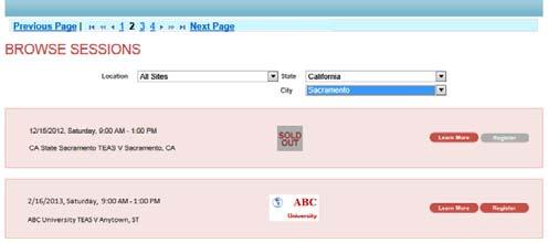 location where you want to sit for the assessment and then click Next. The Browse Sessions page displays.