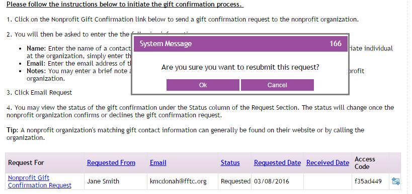 3. Next, click on the email icon to the far right of the Nonprofit Gift Confirmation Request link to resend the gift confirmation request to the