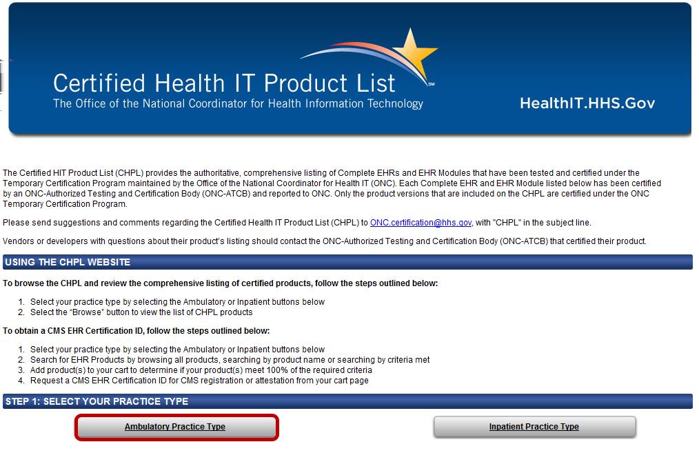 Select Practice Type Visit the Certified Health IT Product List