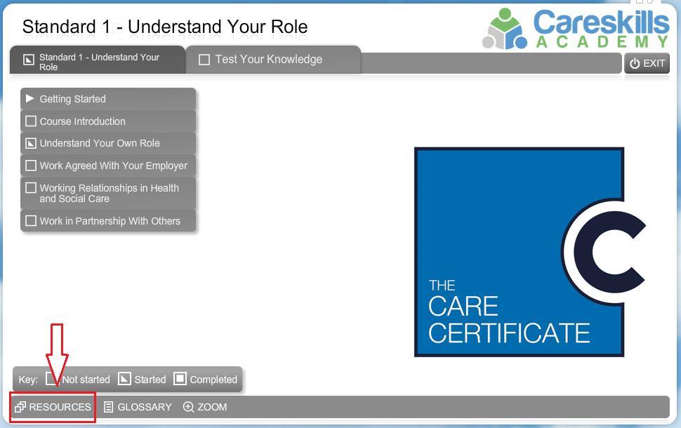 Step 3 - The work packs Within each elearning standard there is a downloadable work pack.