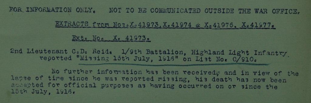 Charles Reid was the officer in the missing list mentioned in the war diary.