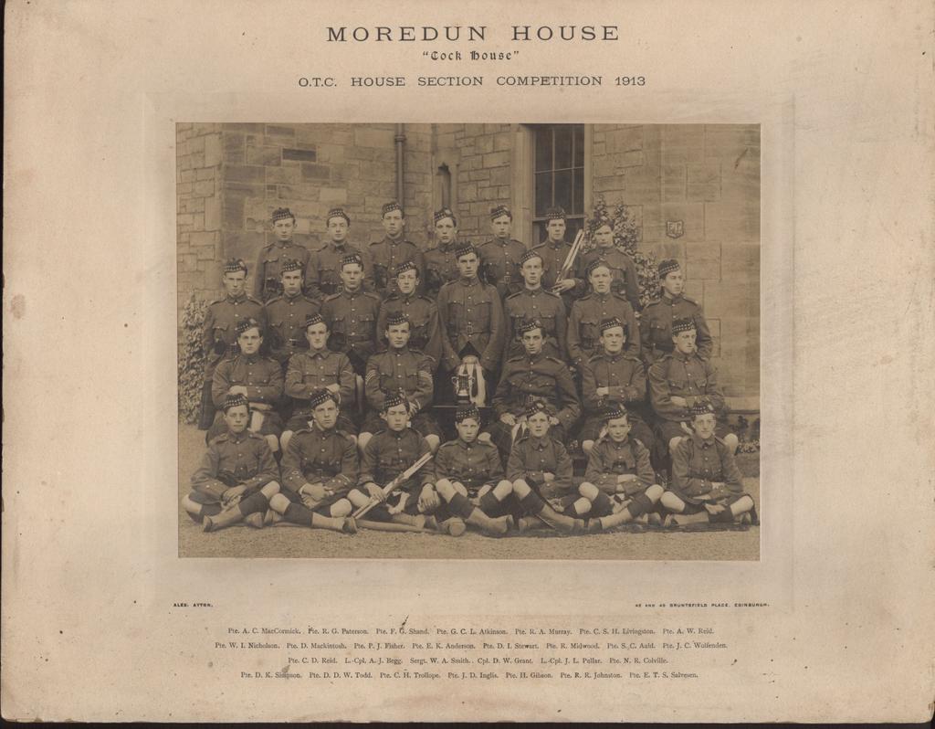 C D Reid is on the second row on the left. O.T.C., Moredun House, Fettes. 1913.