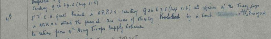 At some point in the evening of the 3 rd June, 1917, Guest died of his wounds. That night or the next day, his body was taken to the established field cemetery and buried (Appendix 3): June 4 th Lt F.