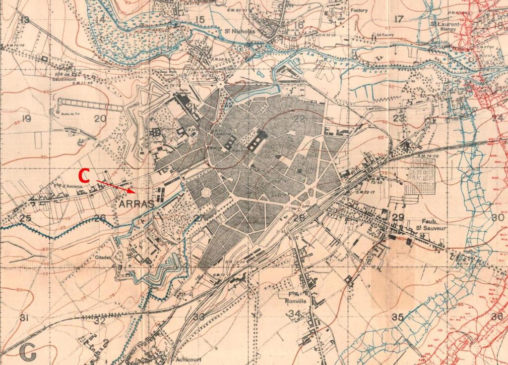 Once again, grid references are provided. These tell us that the field cemetery is the site of the present day Faubourg D'amiens Cemetery (marked C below).