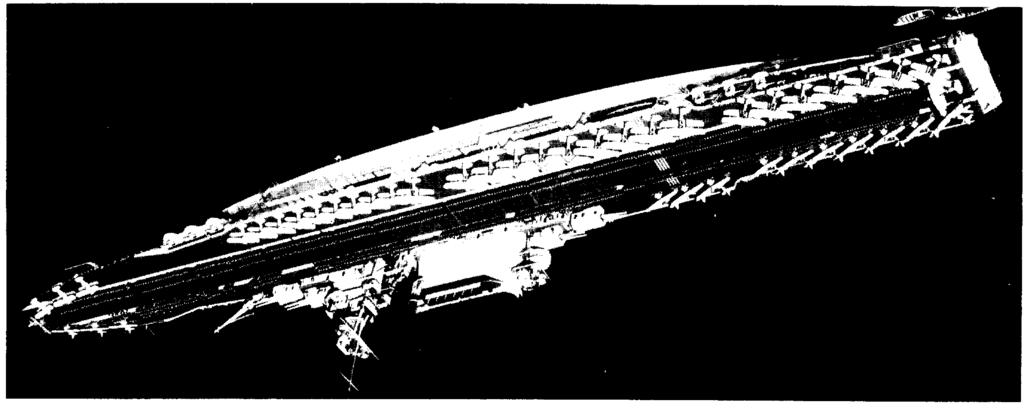 In the yards, all the coal-handling gear was removed from the collier and a flight deck, 534 feet long and 64 feet wide, was installed.