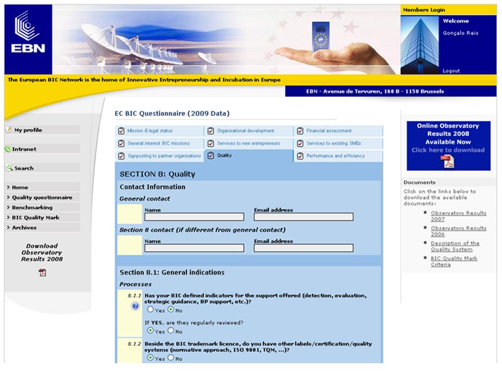 filling-in the questionnaire By selecting the option questionnaire on the left-side of the screen, incubator managers are able to see the 9 sections which compose the questionnaire.