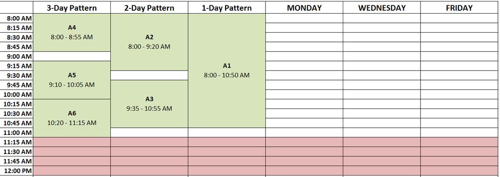 For example, a department is using the morning MWF block to schedule their classes.