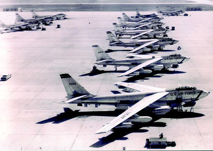 A lineup of SAC B-47s at Lincoln Air Force Base.