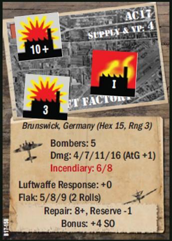 3 Aircraft Factory Target Example: Target AC17 has suffered 13 points of damage, and has been hit by one or more Incendiary bombs. The Target has suffered Heavy Damage.
