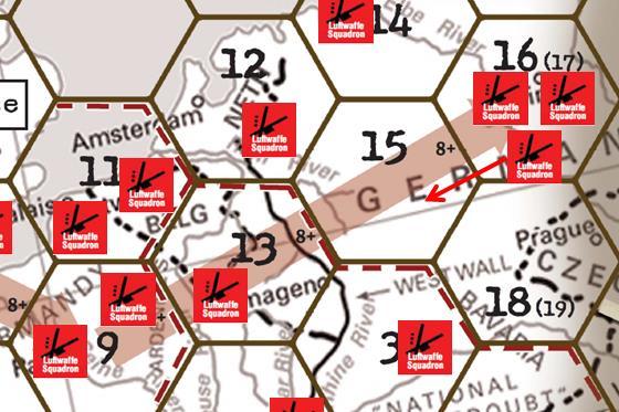 hex has 2 or more Squadrons, then reassign one of the squadrons to the critical hex from the edge hex with the most Luftwaffe Squadrons (randomly determine if there are multiple hexes).